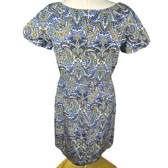 J.Crew Paisley Print Dress Size 6 Blue Green Yellow Scoop Neck Short Sleeve - Picture 2 of 6